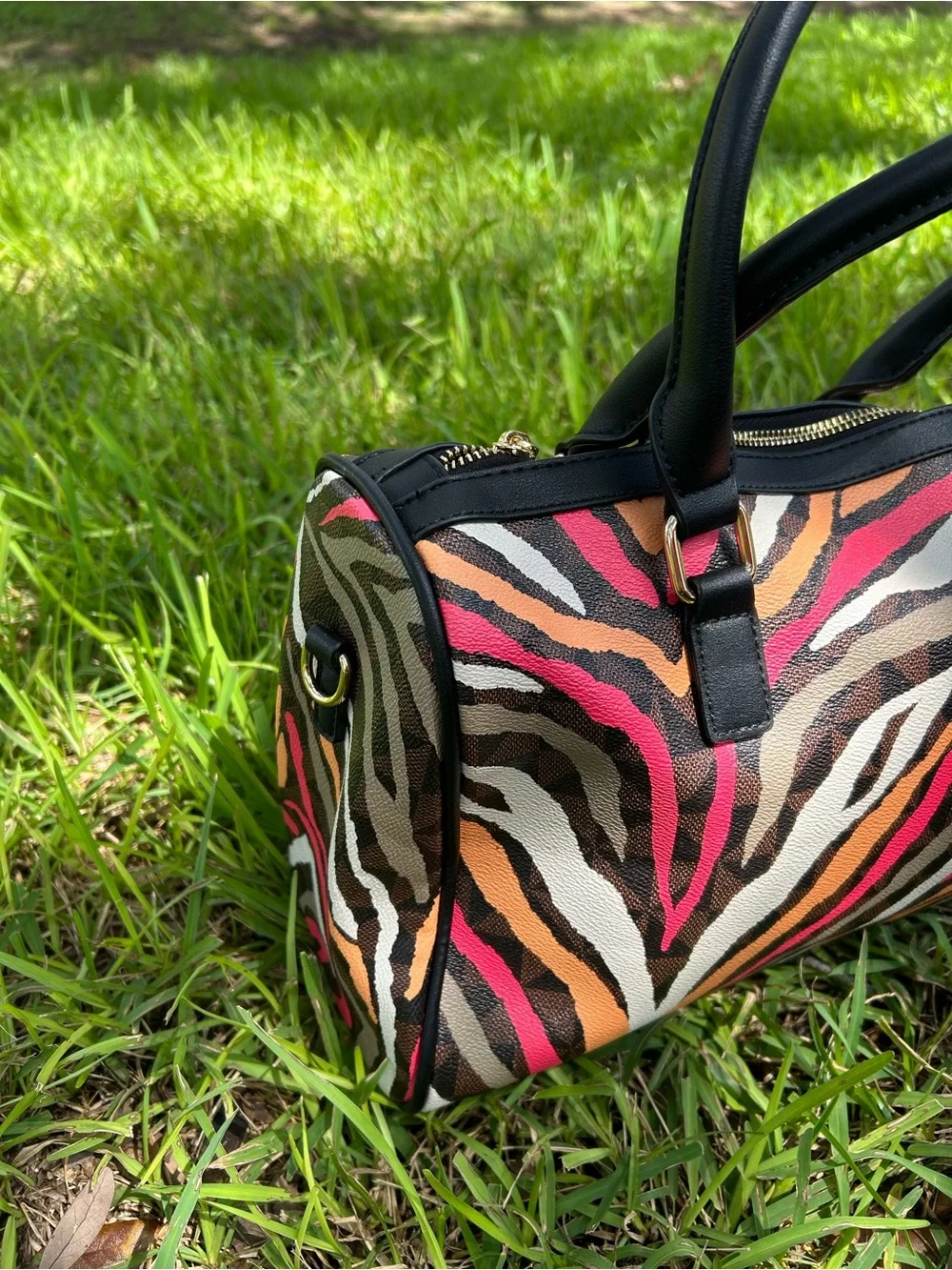 Black Handle Zebra-Print Satchel with Pink & Orange Accents